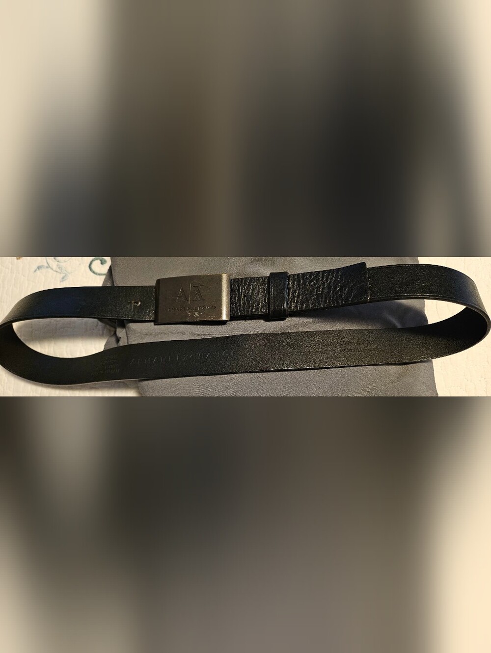 Mens Armani Exchange Black Leather  Silver AX Logo Plaque Buckle Belt Size 34